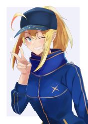 Rule 34 | 1girl, absurdres, ahoge, artoria pendragon (fate), blonde hair, breasts, coat, fate/grand order, fate (series), green eyes, hat, highres, kasumi saika, long hair, looking at viewer, mysterious heroine x (fate), one eye closed, open mouth, peaked cap, ponytail, simple background, smile, solo, teeth, upper body, victory pose, white background
