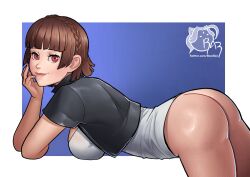 1girl artist_name ass black_jacket bottomless braid breasts brown_eyes brown_hair crown_braid hand_on_own_face highres jacket large_breasts looking_at_viewer niijima_makoto persona persona_5 razillon shirt short_hair smile thighs white_shirt