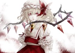 Rule 34 | 1girl, ascot, blonde hair, demon wings, eyelashes, flandre scarlet, hat, hat ribbon, lips, looking at viewer, mob cap, pale skin, parted lips, puffy short sleeves, puffy sleeves, red eyes, red shirt, red skirt, ribbon, ribbon-trimmed sleeves, ribbon trim, rokuri-eva, shirt, short sleeves, side ponytail, skirt, solo, touhou, upper body, white background, wings