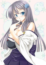 Rule 34 | 1girl, bare shoulders, blue eyes, blush, breasts, breasts out, female focus, finger to mouth, gekato, grey hair, hair ornament, hakama, hakama skirt, hime cut, japanese clothes, kimono, kimono pull, large breasts, long hair, looking at viewer, muneate, nipples, original, skirt, snowflake hair ornament, solo, tongue, tongue out