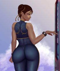 Rule 34 | 1girl, absurdres, alternate costume, ass, bare shoulders, bodysuit, brown eyes, brown hair, capcom, chun-li, commentary, curvy, double bun, eating, english commentary, food, hair bun, highres, looking at viewer, looking back, skin tight, sleeveless, solo, standing, street fighter, street fighter zero (series), studded bracelet, thighs, vending machine, zaki (zaki btw)