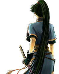 Rule 34 | 1girl, back, black gloves, cowboy shot, delsaber, dress, earrings, fingerless gloves, fire emblem, fire emblem: the blazing blade, from behind, gloves, green hair, jewelry, katana, long hair, lyn (fire emblem), nintendo, ponytail, sash, scabbard, sheath, sheathed, short sleeves, simple background, solo, sword, very long hair, weapon, white background
