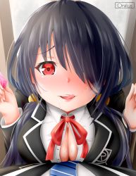 Rule 34 | 1boy, 1girl, :q, artist name, black hair, black jacket, blazer, blush, breasts, cleavage, commentary, condom, date a live, english commentary, hair over one eye, heterochromia, highres, holding, holding condom, jacket, large breasts, looking at viewer, oniilus, red eyes, shirt, solo focus, teeth, tokisaki kurumi, tongue, tongue out, twintails, unbuttoned, unbuttoned shirt, upper teeth only, white shirt, yellow eyes