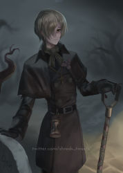 Rule 34 | 1boy, albino, andrew kreiss, artist name, black gloves, blonde hair, branch, brooch, capelet, coat, commentary, cross, cross necklace, english commentary, expressionless, facial scar, gloves, graveyard, green neckwear, hair over one eye, highres, holding, holding shovel, hourglass, identity v, jewelry, long sleeves, male focus, necklace, outdoors, pale skin, red eyes, scar, scar on cheek, scar on face, scar on nose, short hair, shovel, shreds (shreds tweets), solo, standing, tombstone, twitter username, watermark, web address