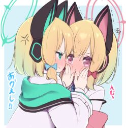 Rule 34 | 2girls, animal ear headphones, animal ears, arashiya, blonde hair, blue archive, blue bow, blue necktie, blush, bow, cat ear headphones, cheek press, closed mouth, commentary request, dress shirt, fake animal ears, full-face blush, green eyes, green halo, hair bow, halo, hands up, headphones, incest, jacket, midori (blue archive), momoi (blue archive), multiple girls, necktie, off shoulder, pink eyes, pink halo, red bow, shirt, short hair, siblings, sisters, suspenders, translation request, twincest, twins, upper body, white jacket, white shirt, yuri