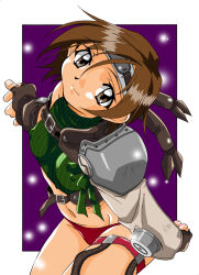 Rule 34 | 1990s (style), 1girl, amano yo-ki, arm at side, armor, black gloves, border, brown eyes, brown hair, chest harness, closed mouth, cropped sweater, final fantasy, final fantasy vii, fingerless gloves, forehead protector, from above, garter straps, gloves, green sweater, harness, headband, leaning forward, light smile, looking at viewer, looking up, midriff, navel, no pants, non-web source, outside border, outstretched arm, panties, pauldrons, purple background, red panties, retro artstyle, ribbed sweater, short hair, shoulder armor, single bare shoulder, single pauldron, sleeveless, sleeveless turtleneck, smile, solo, squatting, sweater, thigh strap, turtleneck, turtleneck sweater, underwear, white border, yuffie kisaragi