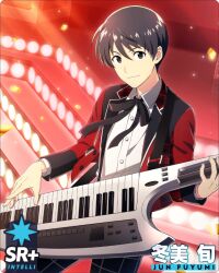 Rule 34 | 1boy, black bow, black bowtie, black eyes, black hair, bow, bowtie, buttons, card (medium), character name, collared shirt, fingernails, fuyumi jun, idolmaster, idolmaster side-m, idolmaster side-m growing stars, instrument, keytar, long sleeves, looking at viewer, male focus, music, official art, playing instrument, shirt, short hair, smile, solo, third-party source