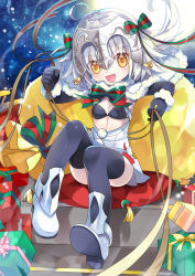 Rule 34 | 1girl, :d, ahoge, bell, black thighhighs, bow, bowtie, box, capelet, cushion, fate/grand order, fate (series), gift, gift box, hair bow, hair ribbon, headpiece, holding, jeanne d&#039;arc (fate), jeanne d&#039;arc alter (fate), jeanne d&#039;arc alter santa lily (fate), long hair, looking at viewer, navel, open mouth, ribbon, rori chuushin, shoes, sitting, smile, solo, thighhighs, thighs, white hair, yellow eyes