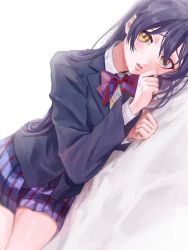 Rule 34 | 1girl, absurdres, arm rest, black hair, blazer, blue jacket, bow, bowtie, clenched hand, dress shirt, hair between eyes, highres, jacket, long hair, long sleeves, looking at viewer, love live!, loveodoro, lying, miniskirt, on side, otonokizaka school uniform, parted lips, plaid, plaid skirt, pleated skirt, red bow, red bowtie, school uniform, shirt, skirt, solo, sonoda umi, striped bow, striped bowtie, striped clothes, white background, white shirt, yellow eyes