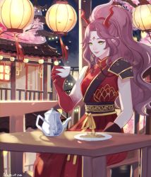 Rule 34 | 1girl, architecture, artist name, breasts, brown gloves, china dress, chinese clothes, commentary, commission, cup, dragon girl, dragon horns, dress, east asian architecture, english commentary, gloves, holding, holding cup, horns, hua mei shi, indie virtual youtuber, lantern, looking down, medium breasts, pink hair, pointy ears, ponytail, red dress, second-party source, single glove, smile, soleilrune, solo, teacup, teapot, virtual youtuber