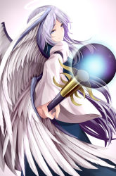 Rule 34 | 1girl, absurdres, angel, blue dress, blue eyes, blue hair, blush, closed mouth, commentary request, dress, feathered wings, happy, highres, holding, holding staff, juliet sleeves, kamiya ueshi, long hair, long sleeves, multiple wings, puffy sleeves, sariel (touhou), seraph, sleeve garter, smile, staff, touhou, touhou (pc-98), very long hair, white wings, wide sleeves, wings