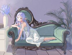 Rule 34 | 1girl, bare shoulders, barefoot, blue flower, blue hair, cic tatsumi, commentary request, couch, dress, earrings, elf, expressionless, flower, frieren, full body, green eyes, hair between eyes, highres, indoors, jewelry, long hair, looking at viewer, on couch, parted bangs, plant, pointy ears, potted plant, solo, sousou no frieren, vase, very long hair, white dress, wooden floor