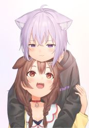 Rule 34 | 2girls, :3, animal ear fluff, animal ears, blush, cat ears, cat girl, chin rest, dog ears, dog girl, hair between eyes, head on head, head rest, highres, hololive, hug, hug from behind, inugami korone, inugami korone (1st costume), looking at another, multiple girls, nekomata okayu, nekomata okayu (1st costume), nem rui, simple background, smile, upper body, virtual youtuber, white background, yuri