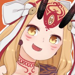 Rule 34 | 1girl, :d, bare shoulders, blonde hair, brown background, brown eyes, collarbone, earrings, facial mark, fate/grand order, fate (series), forehead mark, horns, i.u.y, ibaraki douji (fate), jewelry, long hair, looking at viewer, oni, oni horns, open mouth, outline, sharp teeth, smile, solo, teeth, upper body, white outline