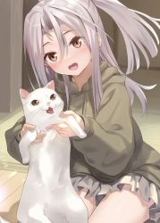 Rule 34 | 1girl, alternate costume, brown eyes, cat, commentary request, grey hair, grey sweater, high ponytail, highres, holding, hood, hooded sweater, hoodie, kantai collection, long hair, looking at viewer, natsuki (gedo), skirt, sweater, white cat, white skirt, zuihou (kancolle)