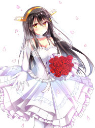 Rule 34 | 10s, 1girl, black hair, bouquet, breasts, cherry blossoms, cleavage, dress, elbow gloves, flower, frilled dress, frills, gloves, hair ornament, haruna (kancolle), highres, holding, holding bouquet, jewelry, kantai collection, long hair, looking at viewer, medium breasts, ring, solo, strapless, strapless dress, tongtongtong, wedding dress, white dress, white gloves, white legwear, yellow eyes