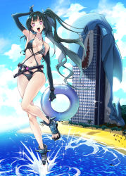 Rule 34 | 1girl, absurdres, animal costume, architect (girls&#039; frontline), architect (nvw model) (girls&#039; frontline), beach, black footwear, black hair, black one-piece swimsuit, blue sky, breasts, cloud, collarbone, commission, day, eudetenis, girls&#039; frontline, highres, innertube, long hair, looking at viewer, medium breasts, navel, ocean, one-piece swimsuit, open mouth, outdoors, palm tree, purple eyes, sand, sangvis ferri, shark costume, shoes, side ponytail, sky, smile, solo, swim ring, swimsuit, tree