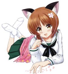 Rule 34 | 1girl, :3, absurdres, animal ears, black neckerchief, blouse, brown eyes, brown hair, cat day, cat ears, cherry blossoms, commentary, crossed ankles, flower, girls und panzer, hair flower, hair ornament, highres, kemonomimi mode, long sleeves, looking at viewer, lying, miniskirt, neckerchief, nishizumi miho, no shoes, on stomach, ooarai school uniform, open mouth, paw pose, petals, pleated skirt, sailor collar, school uniform, serafuku, shirt, short hair, simple background, skirt, smile, socks, solo, white background, white sailor collar, white shirt, white socks, zaofeng