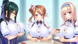 Rule 34 | 3girls, blonde hair, blush, breast hold, breasts, brown hair, crossed arms, cup, day, eyebrows hidden by hair, female focus, game cg, green eyes, green hair, high ponytail, holding, holding cup, indoors, large breasts, long hair, looking at viewer, multiple girls, original, parted lips, red eyes, satofuji masato, shinomiya ria, side ponytail, simple background, sitting, smile, table, teacup, upper body, wannabe creators, yellow eyes