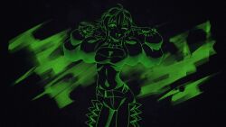 Rule 34 | 1girl, belt, black background, breasts, collar, cosplay, cowlick, eurovision song contest, green theme, gumi, kaarija, kaarija (cosplay), looking at viewer, medium breasts, midriff, monochrome, navel, one eye closed, pants, pointing, pointing at self, ragerkgk, real life, solo, spiked collar, spikes, strapless, tongue, tongue out, tube top, vocaloid