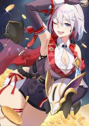 Rule 34 | 1girl, absurdres, arm up, armpits, bare shoulders, between fingers, blue eyes, breasts, cleavage, clothing cutout, coin, colored inner hair, detached sleeves, grey hair, highres, holding, holding coin, honkai: star rail, honkai (series), large breasts, multicolored hair, mush (mushlicious), numby (honkai: star rail), one eye closed, open mouth, red hair, short hair, streaked hair, thigh cutout, topaz (honkai: star rail), trotter (honkai: star rail)