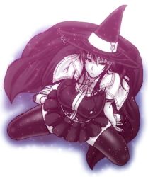 Rule 34 | 10s, 1girl, breasts, cape, chiba toshirou, hat, kagari ayaka, large breasts, long hair, looking at viewer, monochrome, sitting, skirt, solo, thighhighs, wariza, witch craft works, witch hat