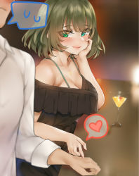 Rule 34 | 1boy, 1girl, bababababan, bare shoulders, blush, breasts, brown hair, cleavage, collarbone, commentary request, cup, drinking glass, green eyes, heterochromia, highres, idolmaster, idolmaster cinderella girls, jewelry, large breasts, looking at viewer, open mouth, shirt, short hair, smile, solo focus, takagaki kaede, white shirt