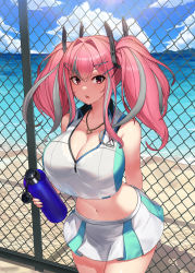 Rule 34 | 1girl, absurdres, arm behind back, azur lane, bare shoulders, beach, black bra, blue sky, blush, bottle, bra, breasts, bremerton (azur lane), bremerton (scorching-hot training) (azur lane), chain-link fence, cleavage, cloud, collarbone, collared shirt, commentary, cowboy shot, crop top, crop top overhang, day, fence, green skirt, grey hair, hair between eyes, hair intakes, hair ornament, hairclip, heart, heart necklace, highres, holding, holding bottle, horizon, jewelry, large breasts, lens flare, long hair, looking at viewer, midriff, mole, mole under eye, morung, multicolored hair, navel, necklace, ocean, open mouth, pink eyes, pink hair, pleated skirt, revision, sand, see-through, shirt, shore, sidelocks, skirt, sky, sleeveless, sleeveless shirt, solo, sportswear, standing, streaked hair, sunlight, sweat, teeth, tennis uniform, thighhighs, toned, twintails, two-tone shirt, two-tone skirt, underwear, upper teeth only, water, water bottle, waves, white shirt, white skirt, x hair ornament