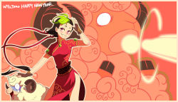 Rule 34 | 1girl, alternate costume, alternate hairstyle, animal, black hair, braid, chinese clothes, fingerless gloves, firecracker jinx, gloves, green hair, grin, hair tubes, jinx (league of legends), league of legends, long hair, looking at viewer, multicolored hair, pink eyes, salute, scared, sheep, side slit, sketch, smile, solo, twin braids, two-tone hair, very long hair