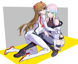Rule 34 | 2girls, absurdres, arm support, artist request, ass, bodysuit, breasts, company connection, crossover, cyberpunk (series), cyberpunk edgerunners, evangelion: 3.0+1.0 thrice upon a time, eyepatch, highres, hug, interface headset, kneeling, large breasts, long hair, looking at viewer, looking back, lucy (cyberpunk), medium breasts, medium hair, multiple girls, neon genesis evangelion, pilot suit, plugsuit, rebuild of evangelion, simple background, sitting, souryuu asuka langley, tribadism, white bodysuit, white hair, wide hips
