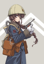Rule 34 | 1girl, absurdres, alternate costume, braid, brown hair, coat, finger on trigger, gloves, gun, handgun, helmet, highres, holster, imperial japanese navy, kantai collection, longmei er de tuzi, looking at viewer, looking to the side, military, military uniform, nambu type 14, pouch, red eyes, retro artstyle, single braid, solo, souya (kancolle), trench coat, uniform, weapon, white gloves, wind, winter uniform, world war ii