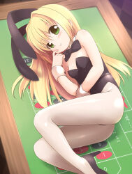 Rule 34 | 1girl, :&gt;, animal ears, ass, black leotard, blonde hair, blush, bow, bowtie, breasts, closed mouth, commentary request, detached collar, emurin, fake animal ears, full body, green eyes, hair between eyes, hair intakes, leotard, long hair, looking at viewer, lying, on side, on table, original, oversized breast cup, pantyhose, playboy bunny, rabbit ears, red bow, red bowtie, roulette table, small breasts, smile, solo, strapless, strapless leotard, table, white pantyhose, wrist cuffs