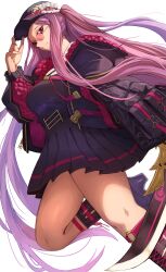 Rule 34 | 1girl, aroi26, chrysaor (fate), fate/grand order, fate (series), hat, highres, holding, holding knife, knife, legs, long hair, looking at viewer, medusa (fate), medusa (saber) (fate), pink-tinted eyewear, purple eyes, purple hair, round eyewear, simple background, solo, square pupils, sunglasses, thighs, tinted eyewear, very long hair, white background