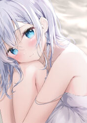 Rule 34 | 1girl, amedamacon, bare shoulders, bed sheet, blue eyes, blush, braid, braided bangs, breasts, closed mouth, commentary request, dress, feet out of frame, grey dress, grey hair, hair between eyes, highres, hugging own legs, knees up, looking at viewer, original, small breasts, solo, strap slip