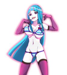 Rule 34 | 1girl, :d, bad id, bad pixiv id, bikini, blue hair, breasts, cleavage, elbow gloves, gloves, hime cut, large breasts, long hair, me!me!me!, meme (me!me!me!), naive (day), navel, open mouth, purple eyes, saliva, smile, solo, striped bikini, striped clothes, swimsuit, thighhighs, transparent background, white background, zettai ryouiki