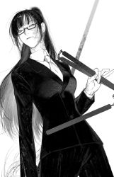 Rule 34 | 1girl, aged up, alternate hair length, alternate hairstyle, arm at side, blunt bangs, closed mouth, collared shirt, cowboy shot, dutch angle, eyelashes, facial mark, glasses, greyscale, half-closed eyes, highres, holding, holding weapon, jacket, jujutsu kaisen, long hair, long sleeves, looking at viewer, monochrome, nunchaku, pants, polearm, ponytail, shirt, simple background, solo, uyamai111, very long hair, weapon, zenin maki