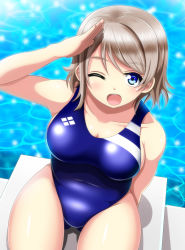 Rule 34 | 10s, 1girl, ;d, blue eyes, blue one-piece swimsuit, breasts, brown hair, competition swimsuit, grey hair, looking up, love live!, love live! sunshine!!, one-piece swimsuit, one eye closed, open mouth, pool, salute, sekai saisoku no panda, short hair, smile, solo, swimsuit, watanabe you, water