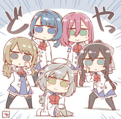 Rule 34 | 5girls, :&gt;, ahoge, aizawa kazuha, aqua eyes, arm across waist, arm at side, arm behind head, arm on knee, artist name, assault lily, black legwear, blue background, blue eyes, blue hair, blue skirt, blush, bow, bowtie, brown hair, buttons, chibi, commentary request, emphasis lines, fujii ayaka, gochisousama (tanin050), green eyes, grey eyes, grey hair, grey legwear, hair between eyes, hair bow, hair ornament, hand on own face, hand up, hands up, hatsukano you, herensuge girls academy school uniform, high-waist skirt, iijima renka, ishitobi erika, jacket, knee up, light brown hair, long hair, long sleeves, looking at viewer, low ponytail, mimura haruka, miniskirt, multicolored hair, multiple girls, natsume aimi, no pupils, nonaka mio, open clothes, open jacket, outstretched arm, oversized clothes, pantyhose, parted lips, photo-referenced, pink hair, ponytail, red bow, red bowtie, red legwear, sasaki ran, school uniform, serizawa chikaru, short hair, side ponytail, sidelocks, sitting, skirt, sleeves past fingers, sleeves past wrists, smile, standing, star (symbol), star hair ornament, streaked hair, thighhighs, translated, triangle mouth, two-tone background, voice actor connection, white background, white jacket, yellow eyes, zettai ryouiki