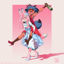 Rule 34 | 2girls, absurdres, animal ear fluff, animal ears, arm up, armpits, barefoot, beads, blue dress, blue hair, blush, bottle, brand new animal, bridal gauntlets, carrying, champagne bottle, closed eyes, dress, drunk, elbow gloves, fang, feet, flower, fox ears, fox girl, fox tail, furry, furry female, gloves, hair beads, hair flower, hair ornament, high heels, highres, hiwatashi nazuna, jewelry, kagemori michiru, legs, long hair, michirutnk, multiple girls, necklace, open mouth, piggyback, pink background, pink hair, raccoon ears, raccoon girl, raccoon tail, red dress, red eyes, red footwear, resolution mismatch, shoes, short hair, shouting, simple background, single shoe, sleeveless, sleeveless dress, smile, soles, source smaller, strapless, strapless dress, tail, teeth, toes, two-tone dress, upper teeth only, walking, white dress, white footwear, white gloves