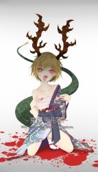 Rule 34 | 1girl, alternate costume, antlers, bare shoulders, blood, breasts, cleavage, collarbone, commentary, commentary request, dai zu san, dragon horns, dragon tail, earrings, eyeshadow, fangs, fingernails, floral print, full body, glowing, glowing eyes, hair between eyes, hand up, hands on own chest, highres, horns, jewelry, kicchou yachie, large breasts, long fingernails, looking at viewer, makeup, mole, mole under eye, nail polish, off shoulder, on one knee, open mouth, red eyes, red eyeshadow, red nails, revision, robe, sarashi, sharp fingernails, sharp teeth, short hair, simple background, slit pupils, solo, tail, teeth, tongue, tongue out, touhou, underboob, white background