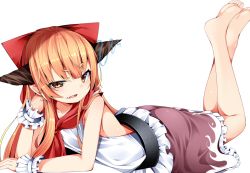 Rule 34 | 1girl, barefoot, belt, black belt, blush, bow, brown eyes, buta (uhoiiotoko), commentary request, fang, feet, full body, hair bow, horns, ibuki suika, long hair, looking at viewer, lying, neckerchief, on stomach, open mouth, orange hair, purple skirt, red bow, red neckerchief, shiny skin, shirt, sidelocks, simple background, skin fang, skirt, sleeveless, sleeveless shirt, soles, solo, the pose, touhou, very long hair, white background, white shirt, wrist cuffs