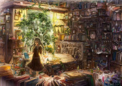 Rule 34 | 1girl, barefoot, bed, book, bookmark, bookshelf, bottle, braid, brown theme, dress, flower, flower pot, hair ornament, hair ribbon, hairpin, highres, indoors, jewelry, kappa, lamp, mirror, necklace, neyagi, original, plant, potted plant, ribbon, room, roomscape, scenery, shelf, solo, suitcase, teapot, tree, yellow eyes