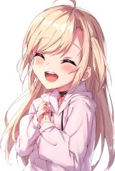 Rule 34 | 1girl, :d, ^ ^, ahoge, blonde hair, blush, closed eyes, commentary request, drawstring, closed eyes, facing viewer, hands up, highres, hood, hood down, hoodie, long hair, long sleeves, masaki (msk064), nanami naru (vtuber), open mouth, own hands together, puffy long sleeves, puffy sleeves, simple background, sleeves past wrists, smile, solo, teeth, two side up, upper body, upper teeth only, vd.c/v dimension.creator, very long hair, virtual youtuber, white background, white hoodie