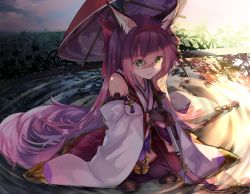 Rule 34 | 1girl, animal ears, azur lane, bad id, bad pixiv id, bare shoulders, blush, breasts, closed mouth, floral background, flower, fox ears, fox girl, fox tail, gloves, green eyes, hair flower, hair ornament, hairband, hanazuki (azur lane), holding, holding umbrella, in water, japanese clothes, kimono, long hair, long sleeves, looking at viewer, open mouth, pink hair, print umbrella, shibaebi (yasaip game), sitting, smile, solo, tail, umbrella, very long hair, wide sleeves