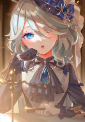 Rule 34 | 1girl, ascot, asymmetrical gloves, black gloves, blue ascot, blue bow, blue eyes, blue hat, blue shirt, blush, bow, brooch, frilled shirt, frills, furina (genshin impact), genshin impact, gloves, grey hair, hair between eyes, hair over one eye, hand on own cheek, hand on own face, harushio, hat, hat bow, head tilt, highres, jewelry, long hair, long sleeves, looking at viewer, mini hat, mini top hat, mismatched gloves, one eye covered, shirt, sidelocks, solo, straight-on, straight hair, top hat, upper body, white gloves
