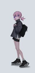 Rule 34 | 1girl, absurdres, backpack, bag, black footwear, black shorts, closed mouth, ear piercing, full body, grey background, hair between eyes, highres, jacket, long sleeves, looking at viewer, multicolored hair, original, piercing, pink hair, purple eyes, purple hair, shirt, shoes, short shorts, short twintails, shorts, simple background, sneakers, socks, solo, standing, toxic ghost, twintails, white socks