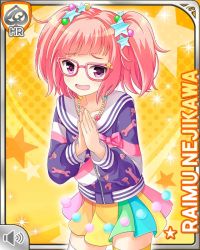 Rule 34 | 1girl, asymmetrical legwear, character name, girlfriend (kari), jacket, jewelry, looking at viewer, mismatched legwear, necklace, nejikawa raimu, official art, open mouth, own hands together, pink hair, purple eyes, purple jacket, qp:flapper, rainbow skirt, skirt, smile, solo, standing, tagme, twintails, yellow background