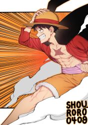 Rule 34 | 1boy, artist name, black cape, black hair, cape, clenched teeth, collared cape, grin, hand on headwear, hat, highres, looking to the side, male focus, monkey d. luffy, one piece, open clothes, open shirt, red shirt, red shorts, scar, scar on face, shirt, shorts, shouroro, smile, solo, straw hat, teeth, toned, toned male