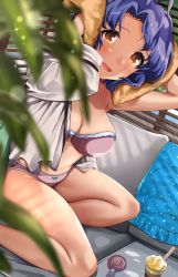 Rule 34 | 1girl, :d, absurdres, antenna hair, arms up, bad id, bad twitter id, bare legs, bikini, window blinds, blue hair, blue skirt, blurry, blurry foreground, blush, bow, bow bikini, breasts, cleavage, couch, drying, drying hair, electric fan, food, green bow, hanamasa ono, highres, ice cream, ice cream spoon, idolmaster, idolmaster million live!, large breasts, long sleeves, looking at viewer, on couch, open mouth, orange eyes, parted bangs, plant, polka dot, polka dot skirt, potted plant, shirt, short hair, skirt, smile, solo, spoon, strapless, strapless bikini, swimsuit, thighs, towel, toyokawa fuka, white shirt, window