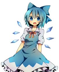 Rule 34 | 1girl, bad id, bad pixiv id, blouse, blue dress, blue eyes, blue hair, bow, cirno, collared shirt, dress, female focus, hair between eyes, hair bow, matching hair/eyes, namakuby, open mouth, shirt, short hair, simple background, smile, solo, touhou, white background, white shirt, wings